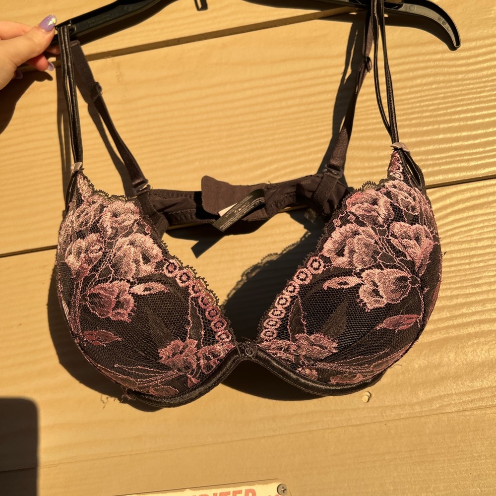 Victoria’s Secret dark gray and pink floral lace bra